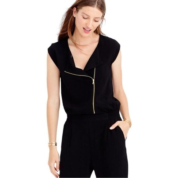 J. Crew Asymmetrical Zip Jumpsuit Black Jogger Ankle Elastic Waist Sleeveless 4P - Picture 1 of 16